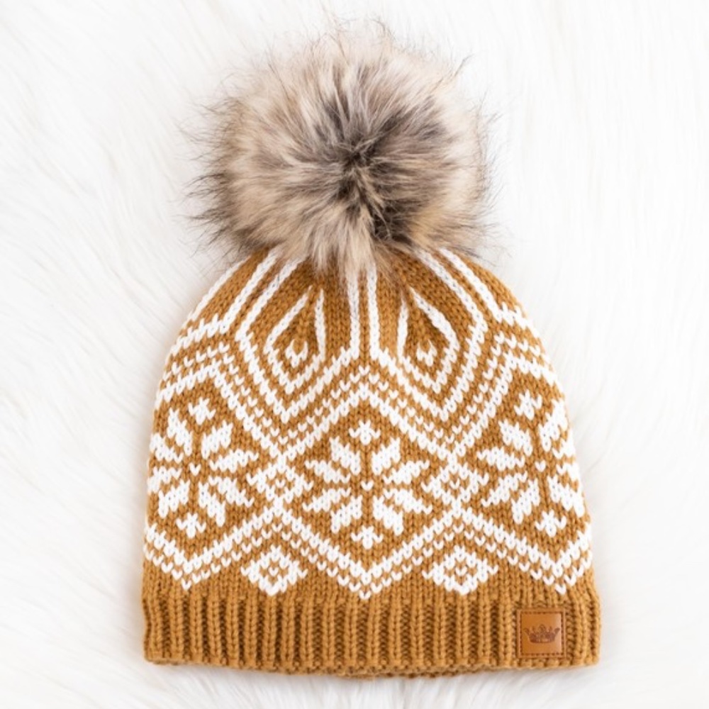 SOLD OUT Camel White Knit Snowflake Pattern Knit Fleece Lined Faux Fur Pom - Picture 3 of 3